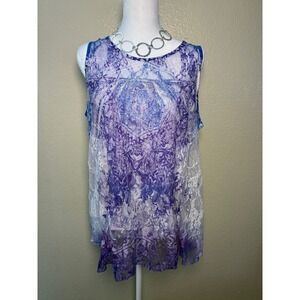 Ember Missy Purple Blue Lace Paisley Sleeveless Tunic Top Large Boho Made in USA